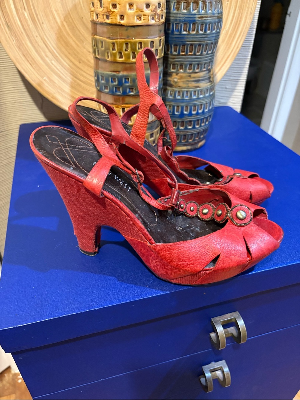 Nine West Red Peep-Toe Slingback Heels with Decorative Studs